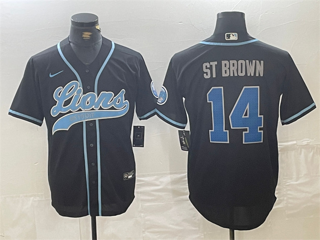 Men's Detroit Lions #14 Amon-Ra St. Brown Black Cool Base Stitched Baseball Jersey